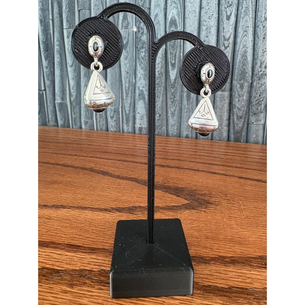 Brighton Silver Onyx Geometric Pyramid Drop Earrings Ornate Engraved